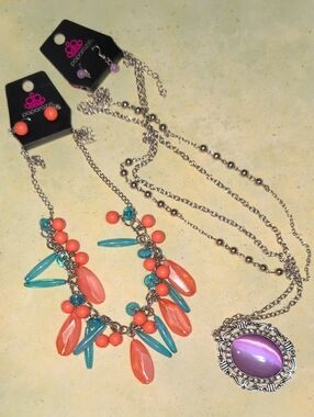 paparazzi Coral, Teal & Purple Multi-Strand Necklace Set